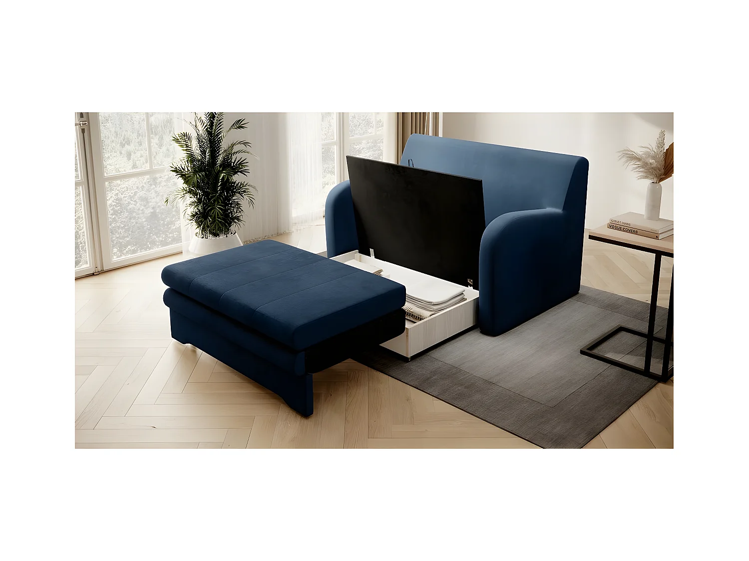 Joli canapé convertible avec rangement en velours bleu foncé, ARIEL