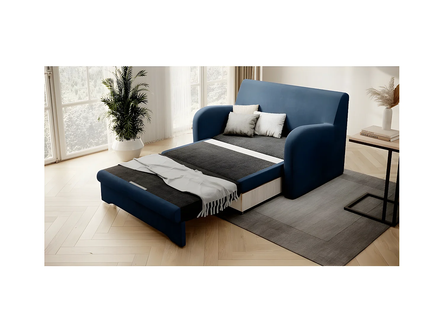 Joli canapé convertible avec rangement en velours bleu foncé, ARIEL