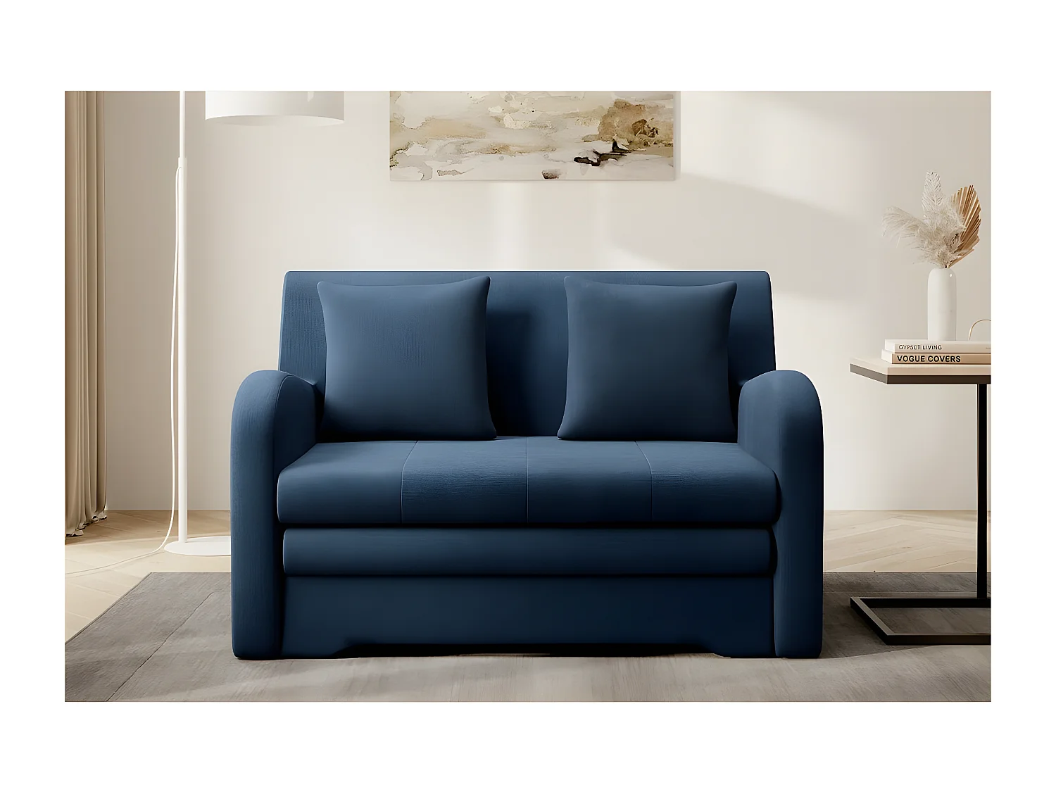 Joli canapé convertible avec rangement en velours bleu foncé, ARIEL