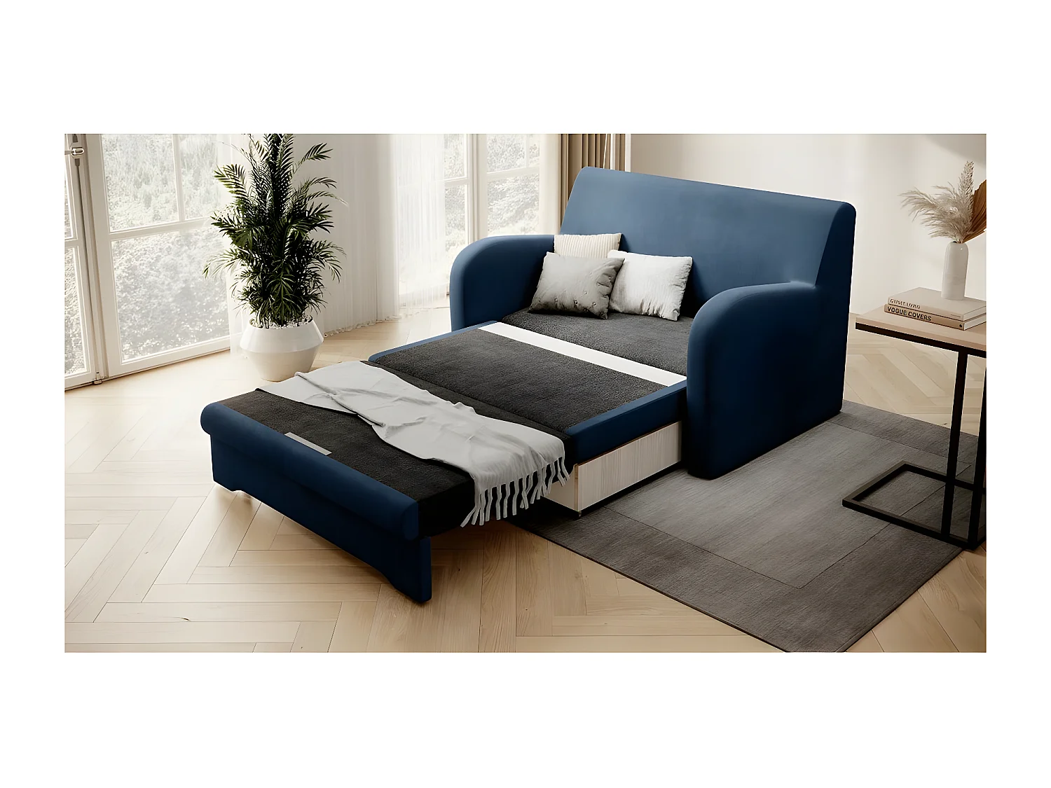 Joli canapé convertible avec rangement en velours bleu foncé, ARIEL