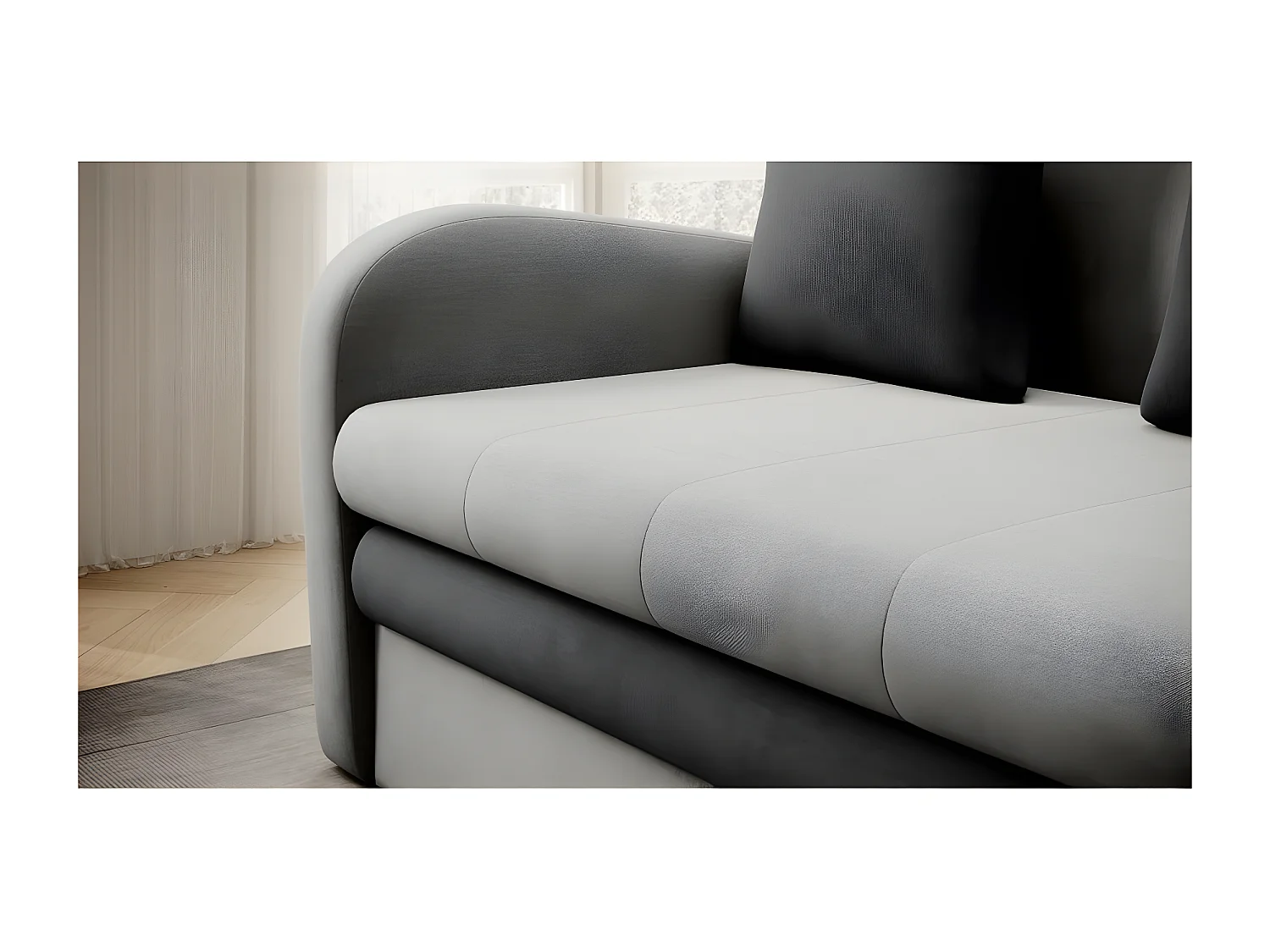 Joli canapé convertible avec rangement en velours gris clair / gris foncé, ARIEL