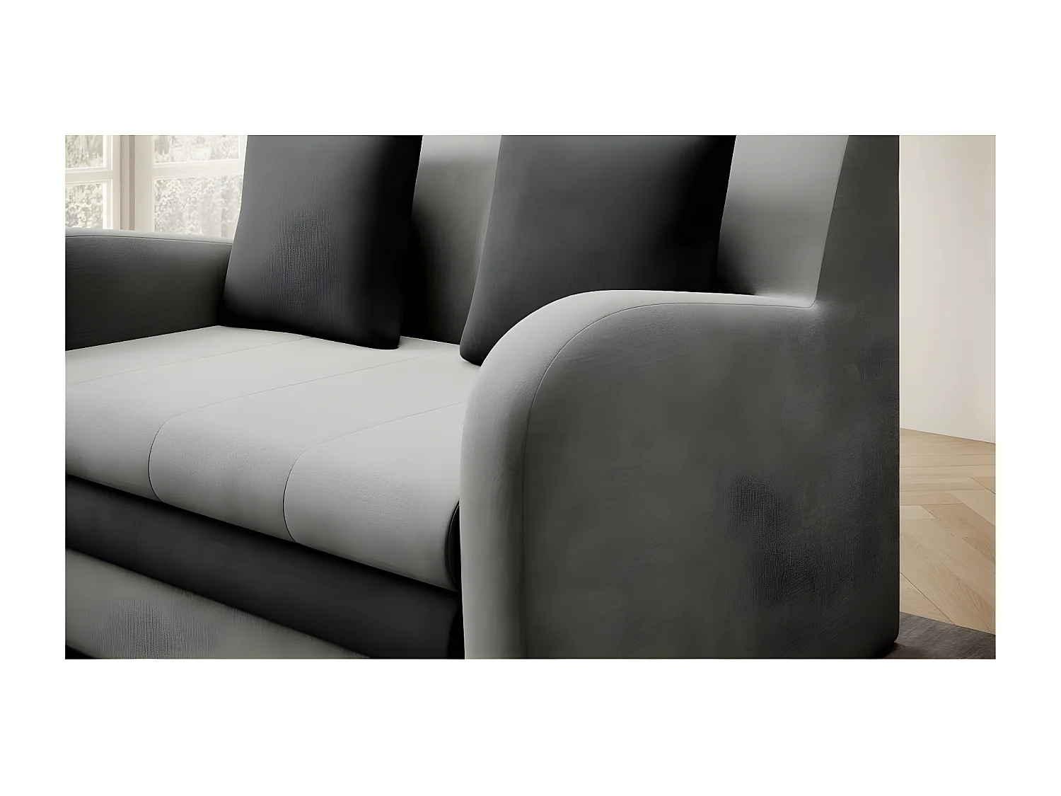 Joli canapé convertible avec rangement en velours gris clair / gris foncé, ARIEL