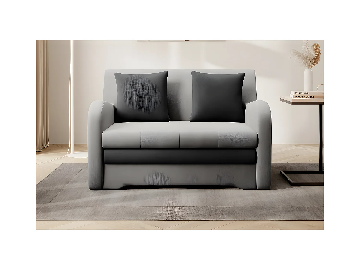 Joli canapé convertible avec rangement en velours gris clair / gris foncé, ARIEL