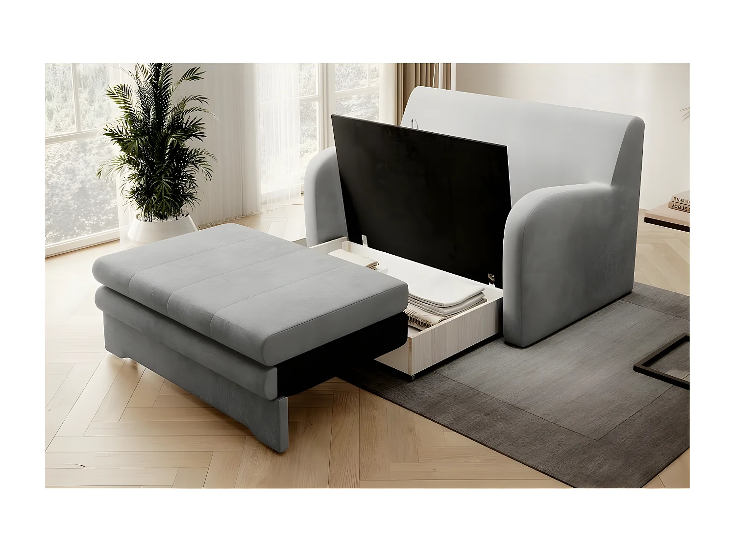 Joli canapé convertible avec rangement en velours gris, ARIEL