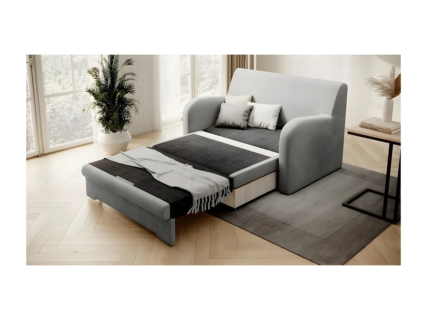 Joli canapé convertible avec rangement en velours gris, ARIEL