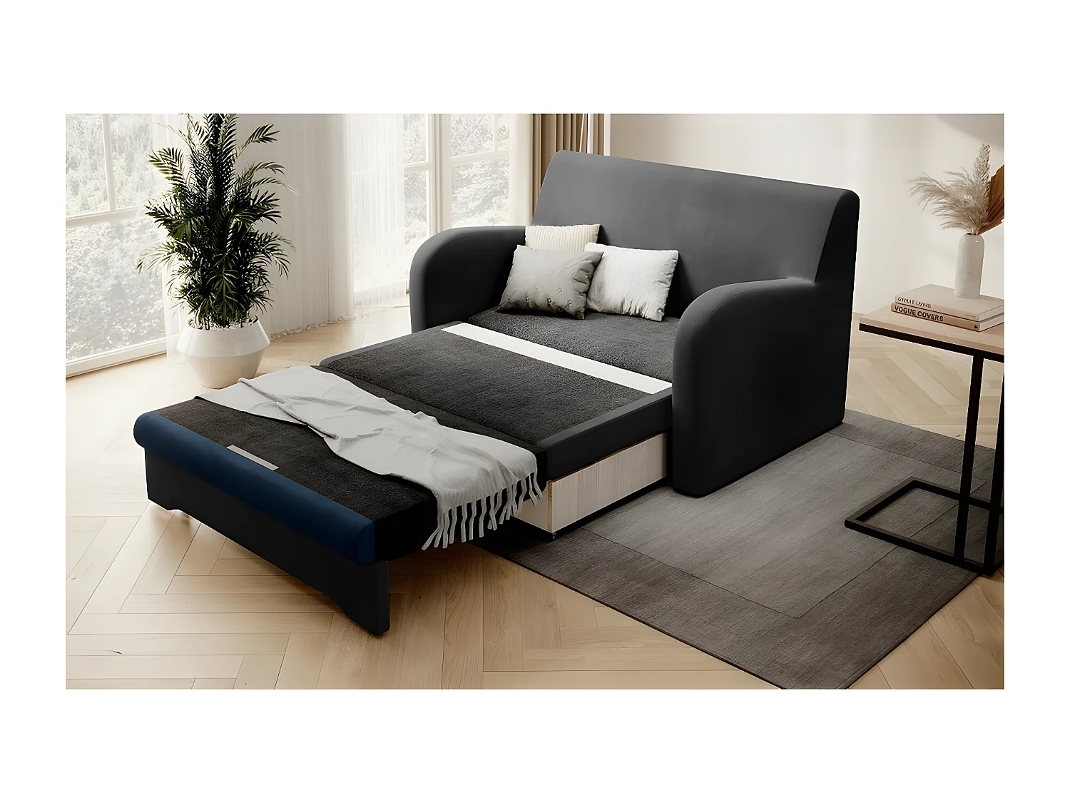 Joli canapé convertible avec rangement en velours gris antracite et bleu, ARIEL