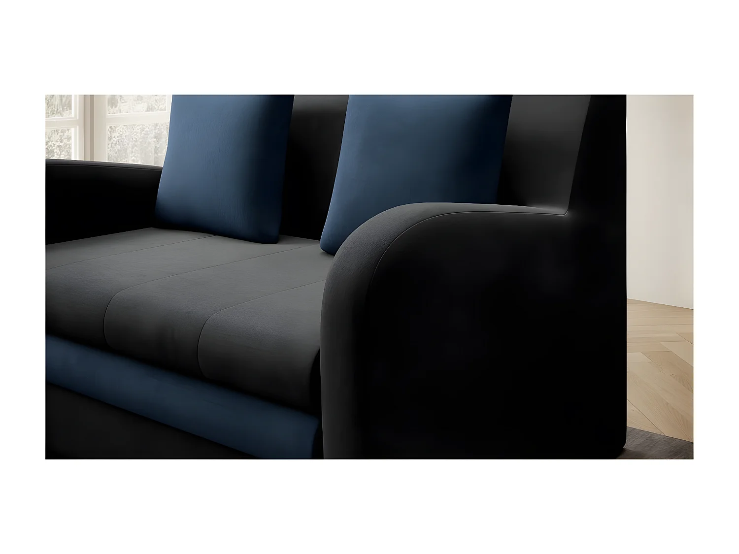 Joli canapé convertible avec rangement en velours gris antracite et bleu, ARIEL