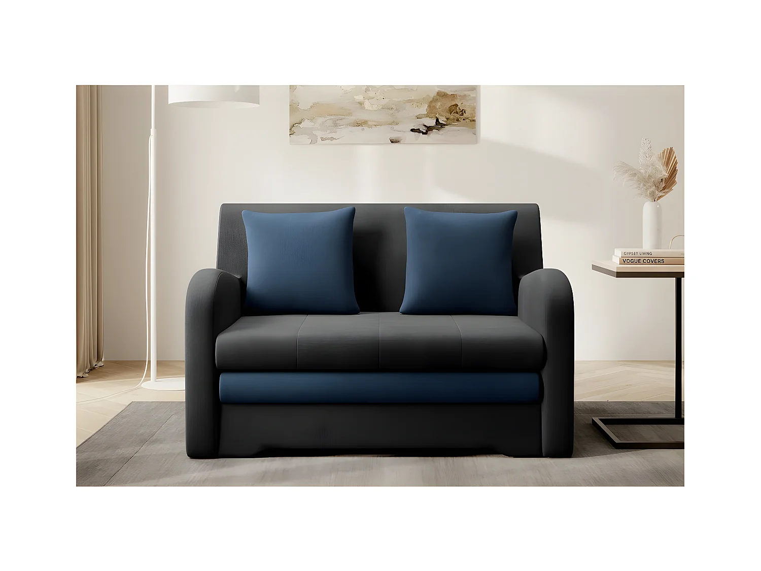 Joli canapé convertible avec rangement en velours gris antracite et bleu, ARIEL