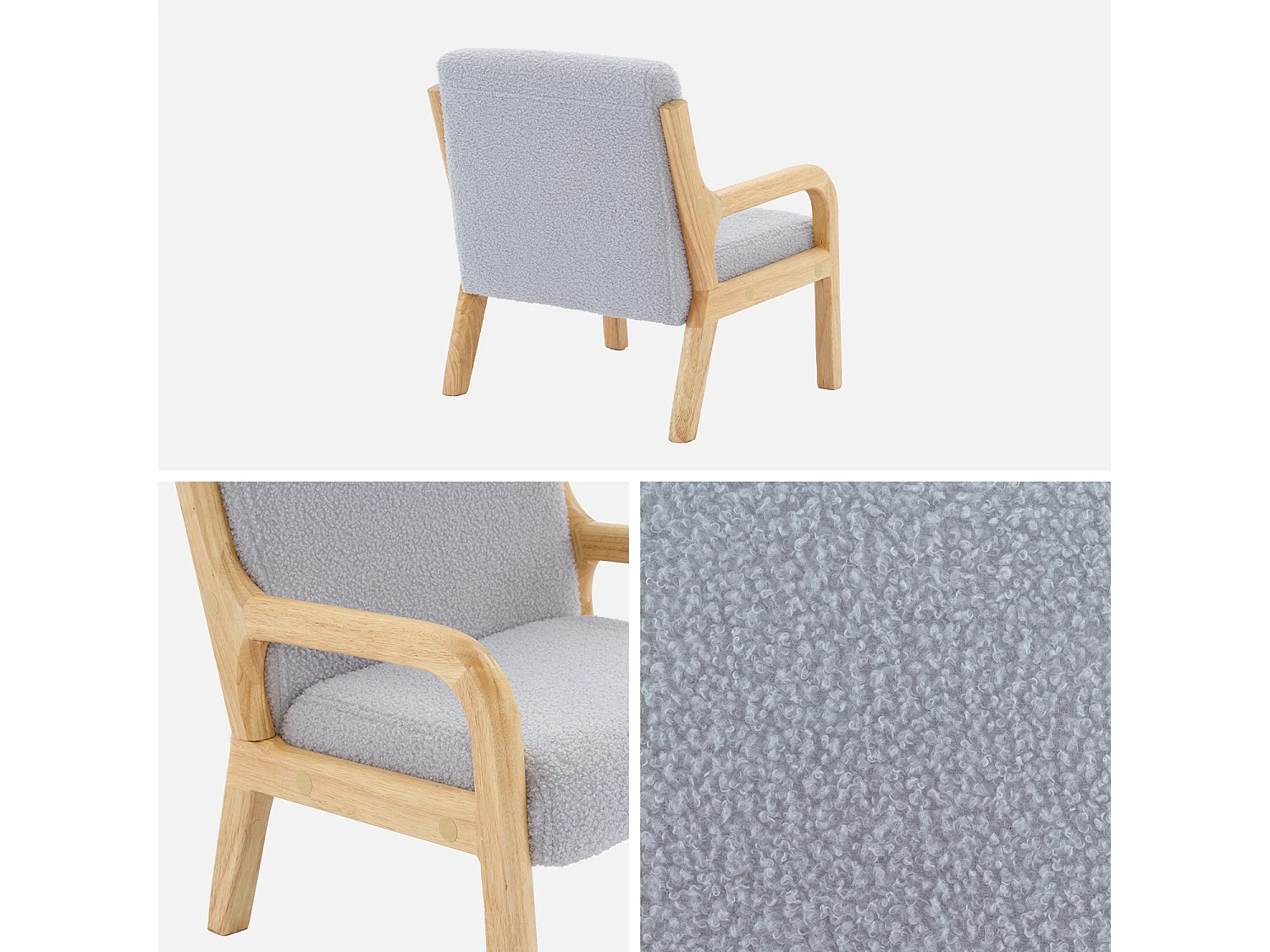 Poltrona scandinava per bambini in legno, tessuto bouclé, grigio topo
