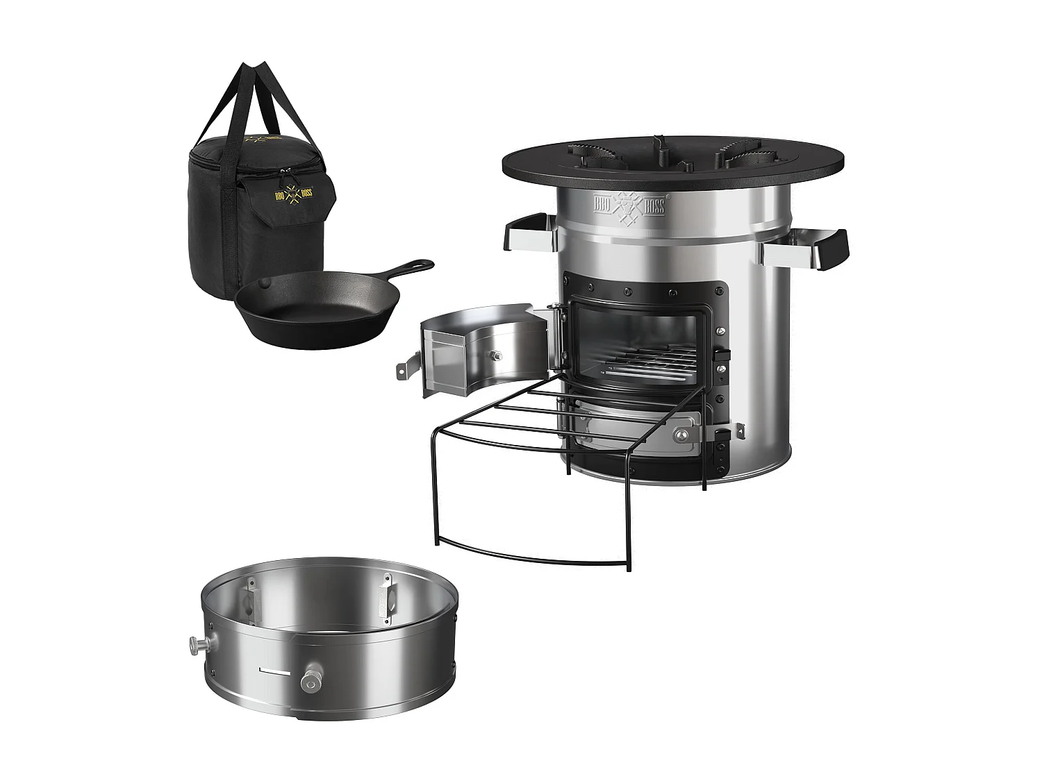 Forno da campeggio rocket stove BBQ fornello acciaio argento con padella ghisa