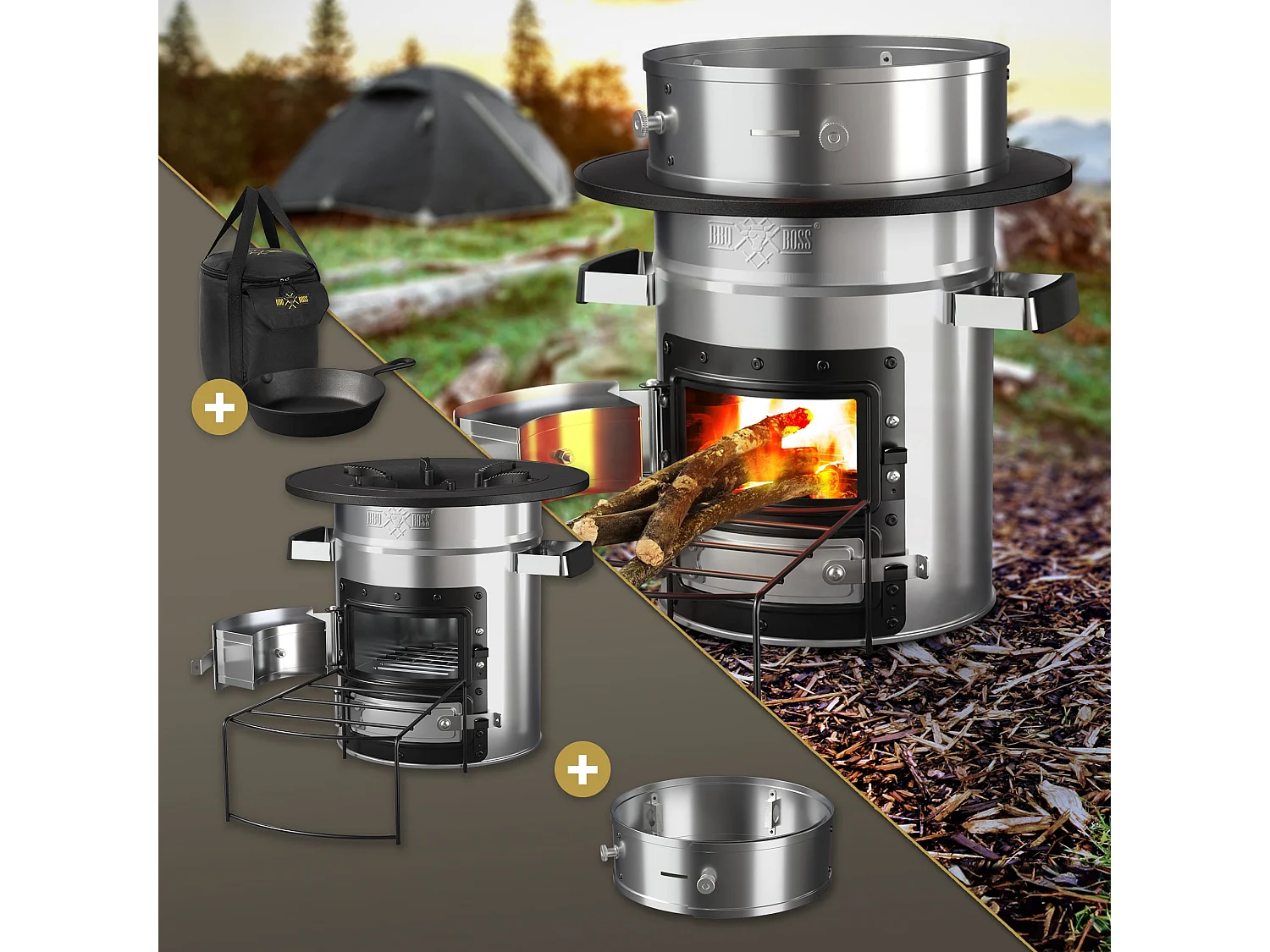 Forno da campeggio rocket stove BBQ fornello acciaio argento con padella ghisa