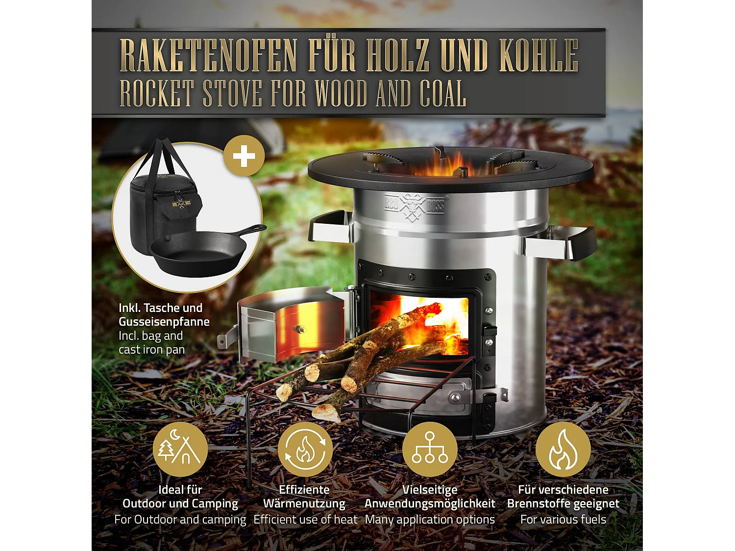 Forno da campeggio rocket stove BBQ fornello acciaio argento con padella ghisa