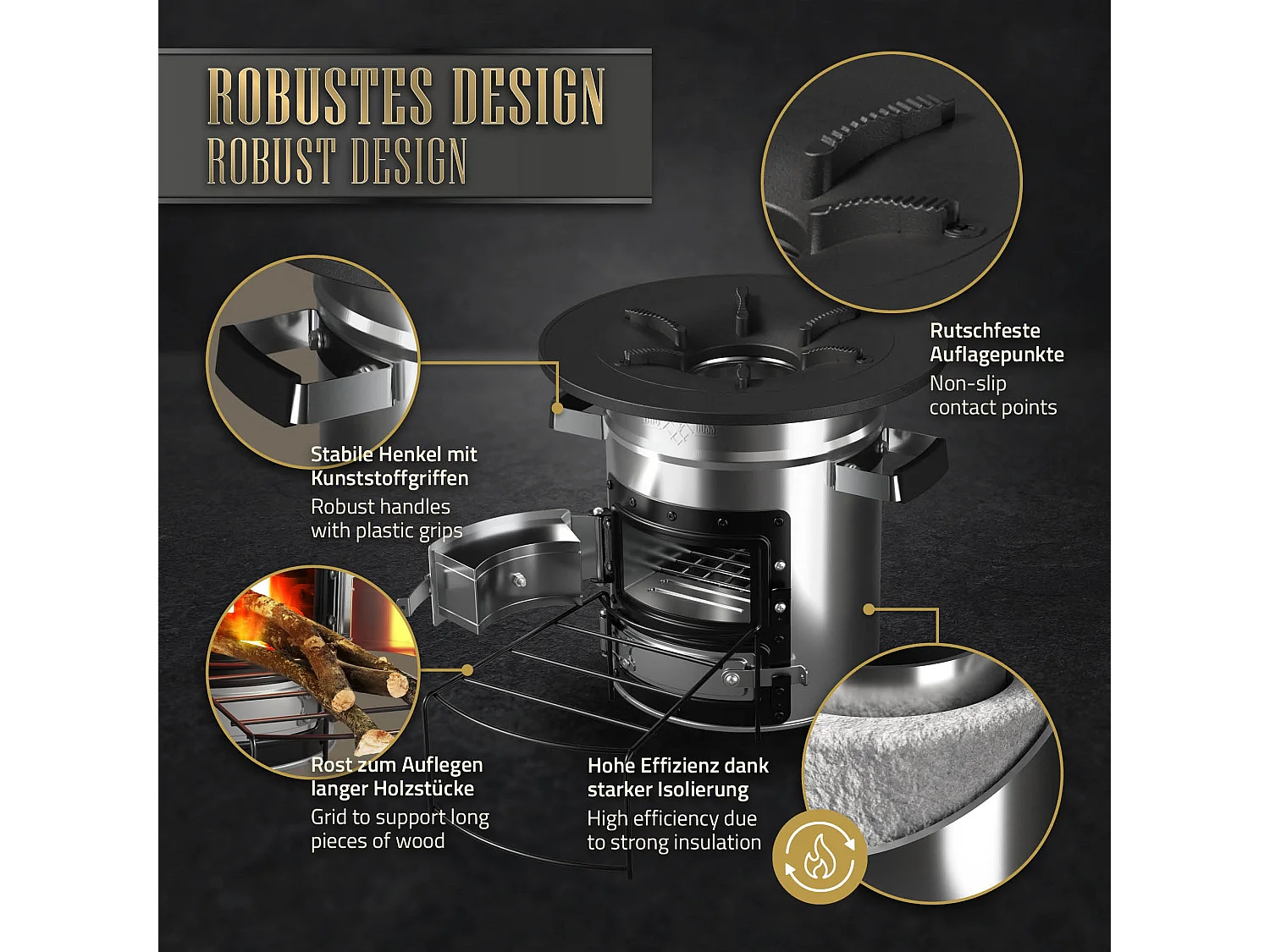 Forno da campeggio rocket stove BBQ fornello acciaio argento con padella ghisa