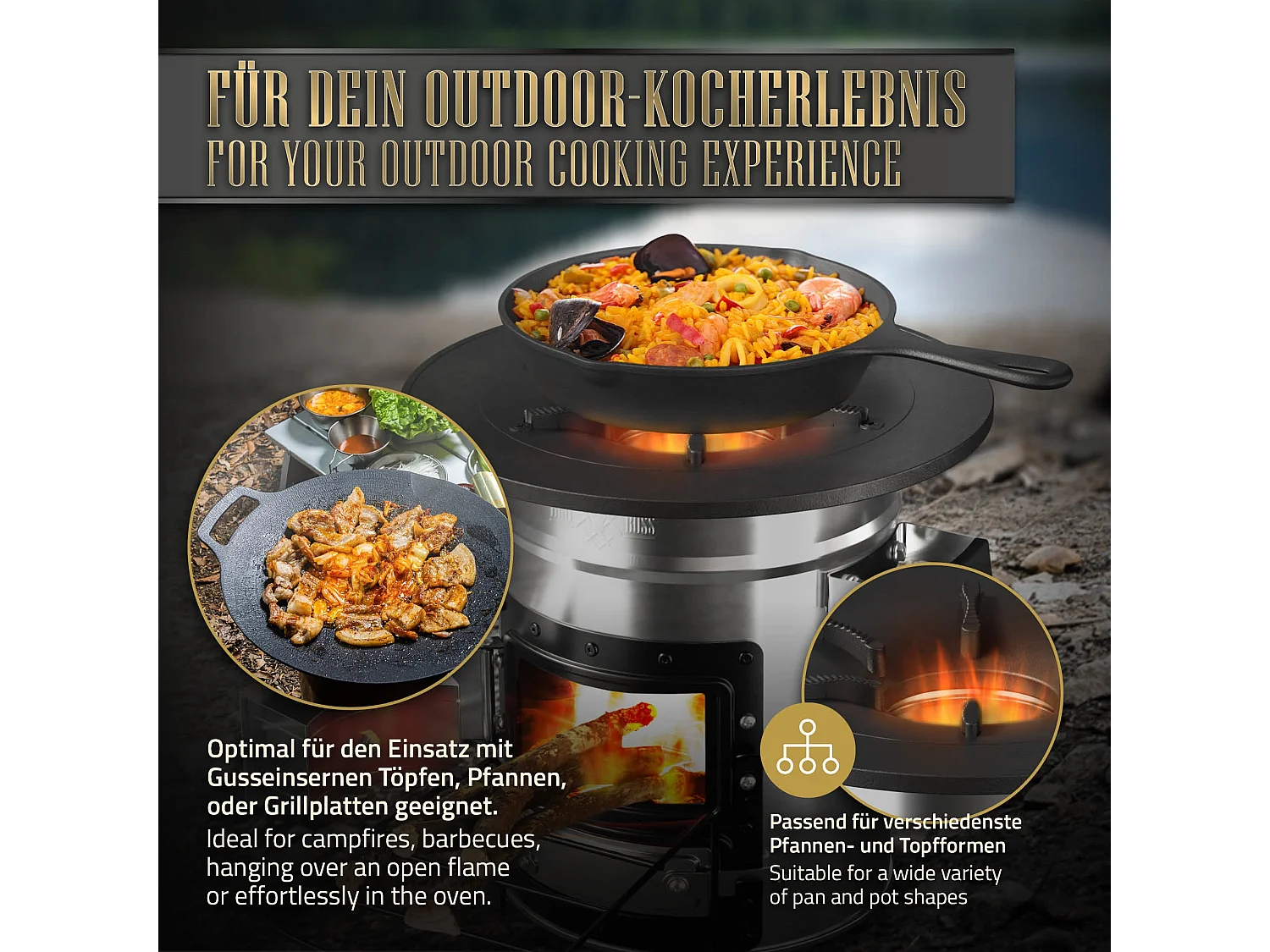 Forno da campeggio rocket stove BBQ fornello acciaio argento con padella ghisa