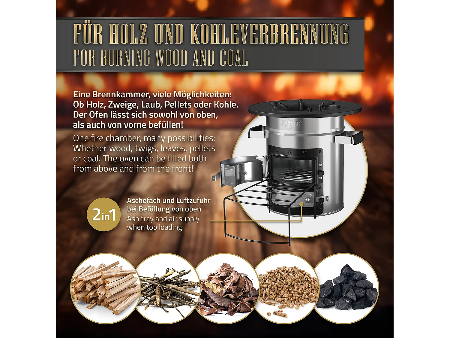 Forno da campeggio rocket stove BBQ fornello acciaio argento con padella ghisa