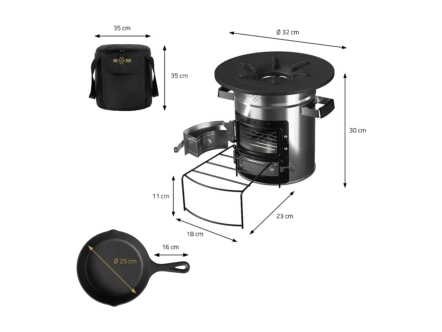 Forno da campeggio rocket stove BBQ fornello acciaio argento con padella ghisa