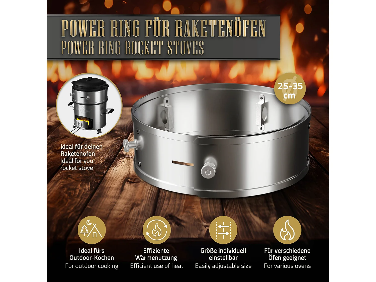 Anello di alimentazione per BBQ Rocket Stove Anello di fuoco in acciaio inox Ø 2