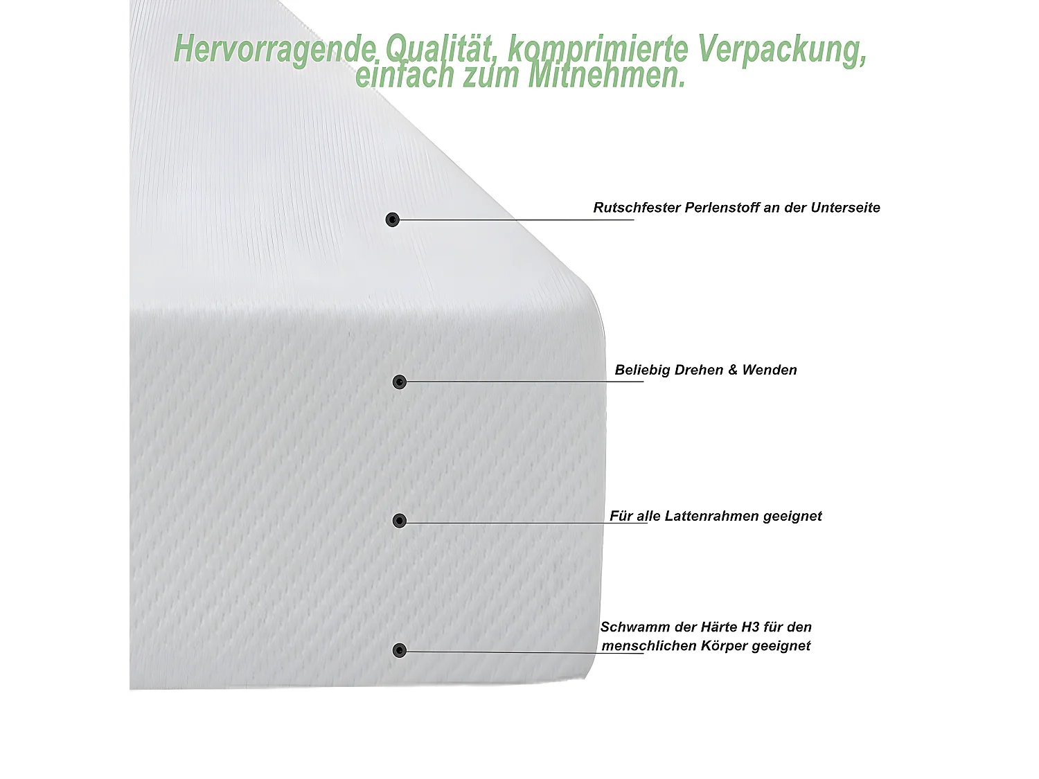 Matelas, couvre-lit avec particules antidérapantes et poignées certifié Oeko-Tex ergonomique respirant et durable dureté H3 140x200 cm