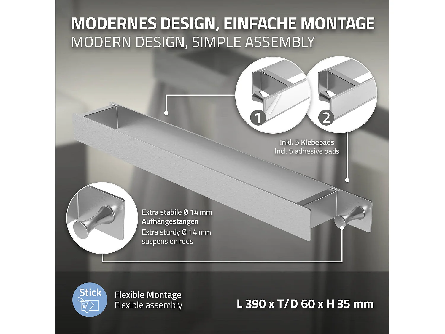 Lote de 2x Toalleros de Acero Inoxidable Plateado - Instalación Sin Taladrar - Diseño Moderno - Fácil de Instalar