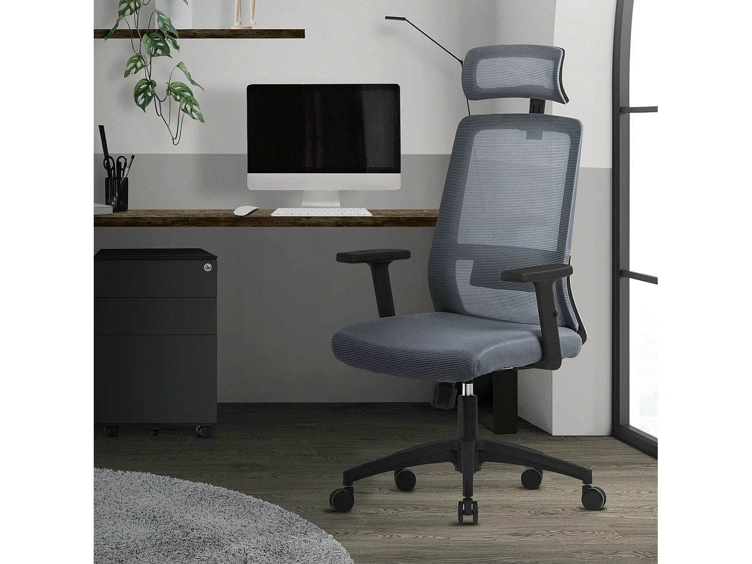 ML-Design Silla de oficina gris asiento ergonómico de rejilla acolchado sillón giratorio 360° con ruedas, reposacabezas y función balancín