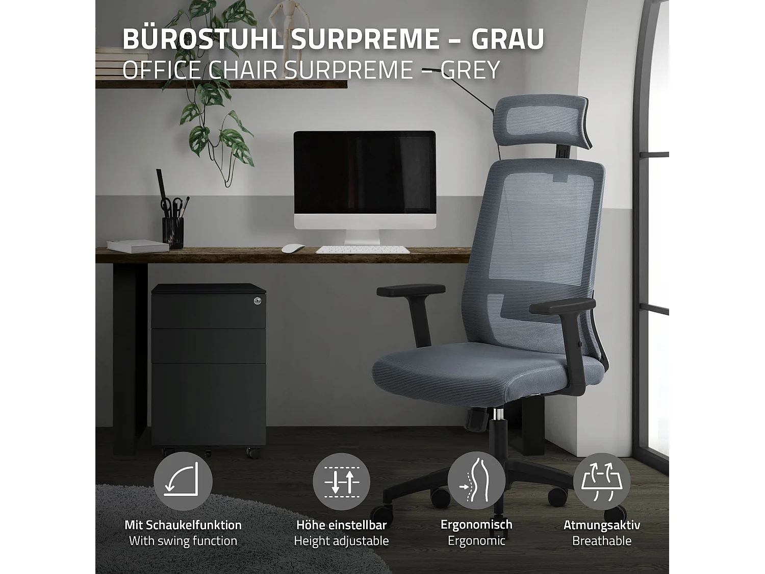 ML-Design Silla de oficina gris asiento ergonómico de rejilla acolchado sillón giratorio 360° con ruedas, reposacabezas y función balancín