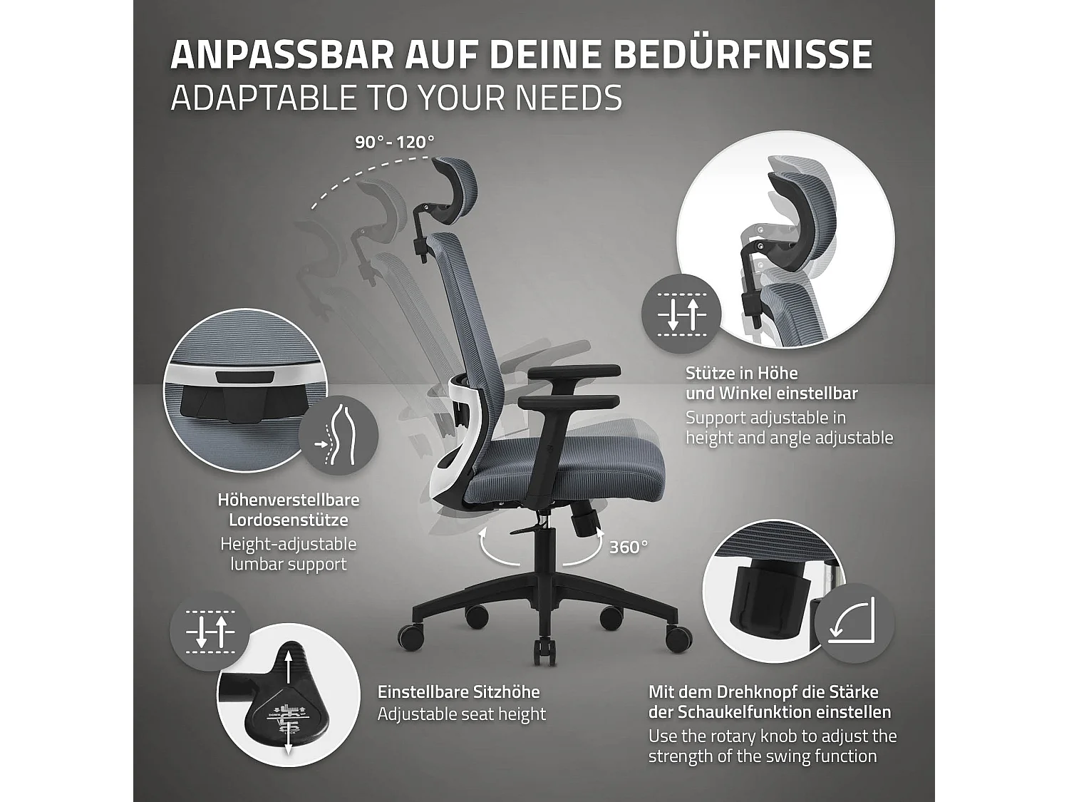 ML-Design Silla de oficina gris asiento ergonómico de rejilla acolchado sillón giratorio 360° con ruedas, reposacabezas y función balancín