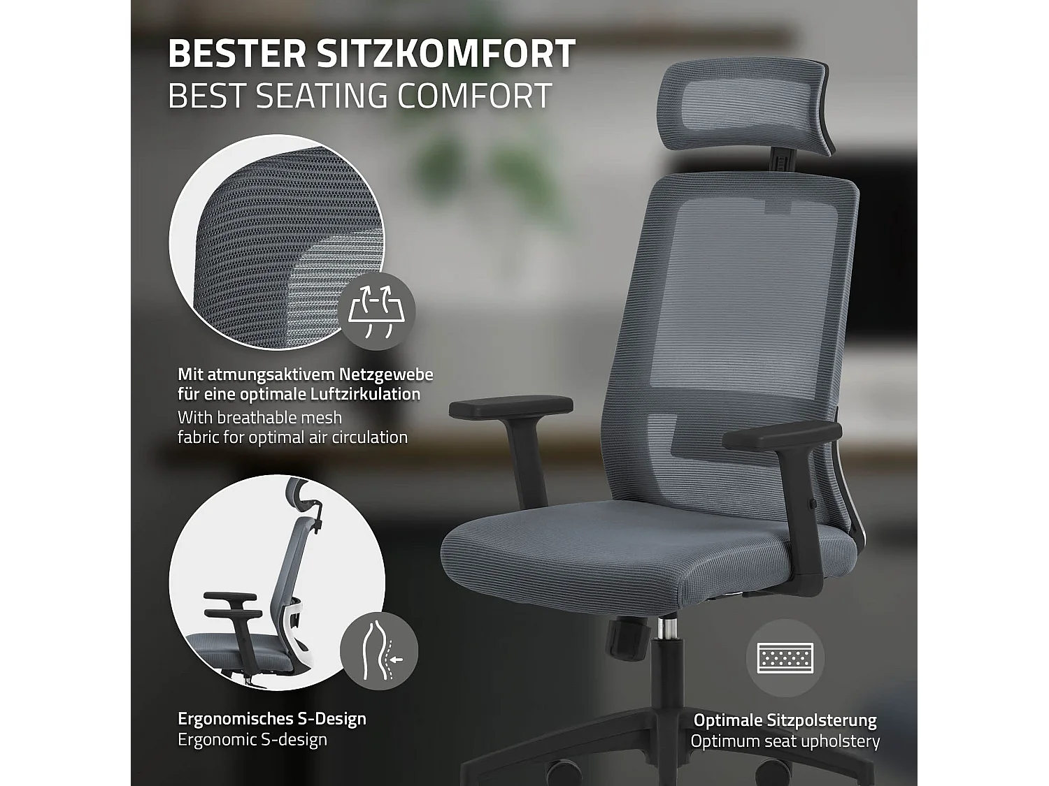 ML-Design Silla de oficina gris asiento ergonómico de rejilla acolchado sillón giratorio 360° con ruedas, reposacabezas y función balancín
