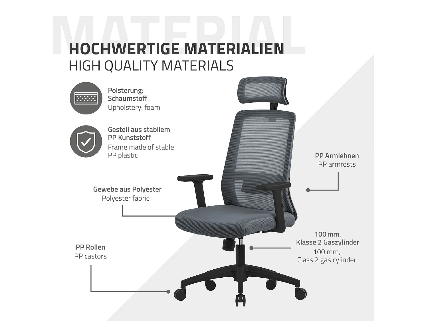 ML-Design Silla de oficina gris asiento ergonómico de rejilla acolchado sillón giratorio 360° con ruedas, reposacabezas y función balancín