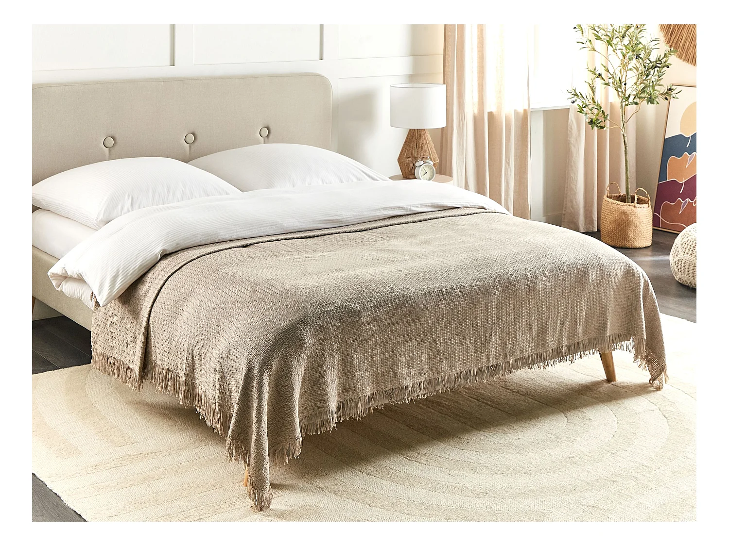 Tagesdecke Baumwolle grau taupe 200x220 cm mit Fransen modern Yerbent