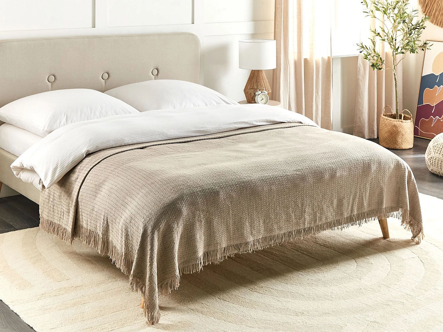 Tagesdecke Baumwolle grau taupe 200x220 cm mit Fransen modern Yerbent