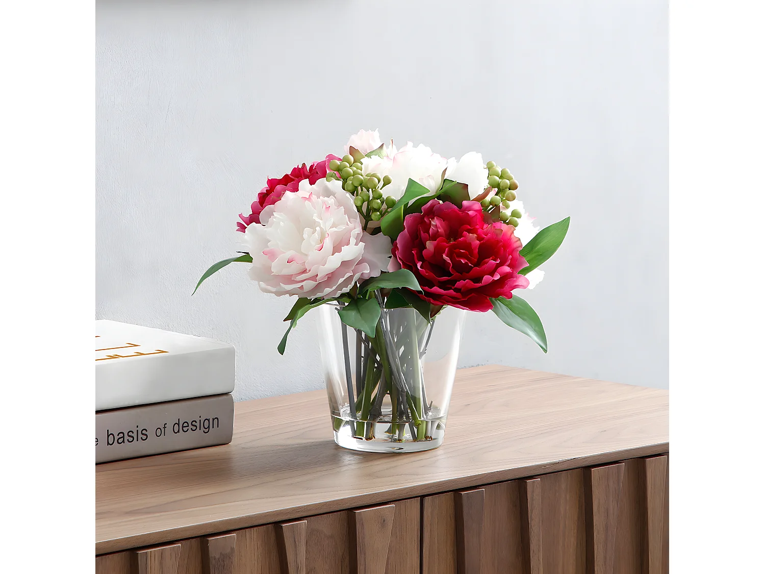 Composition de Pivoines et Baies - Rose / 26 cm