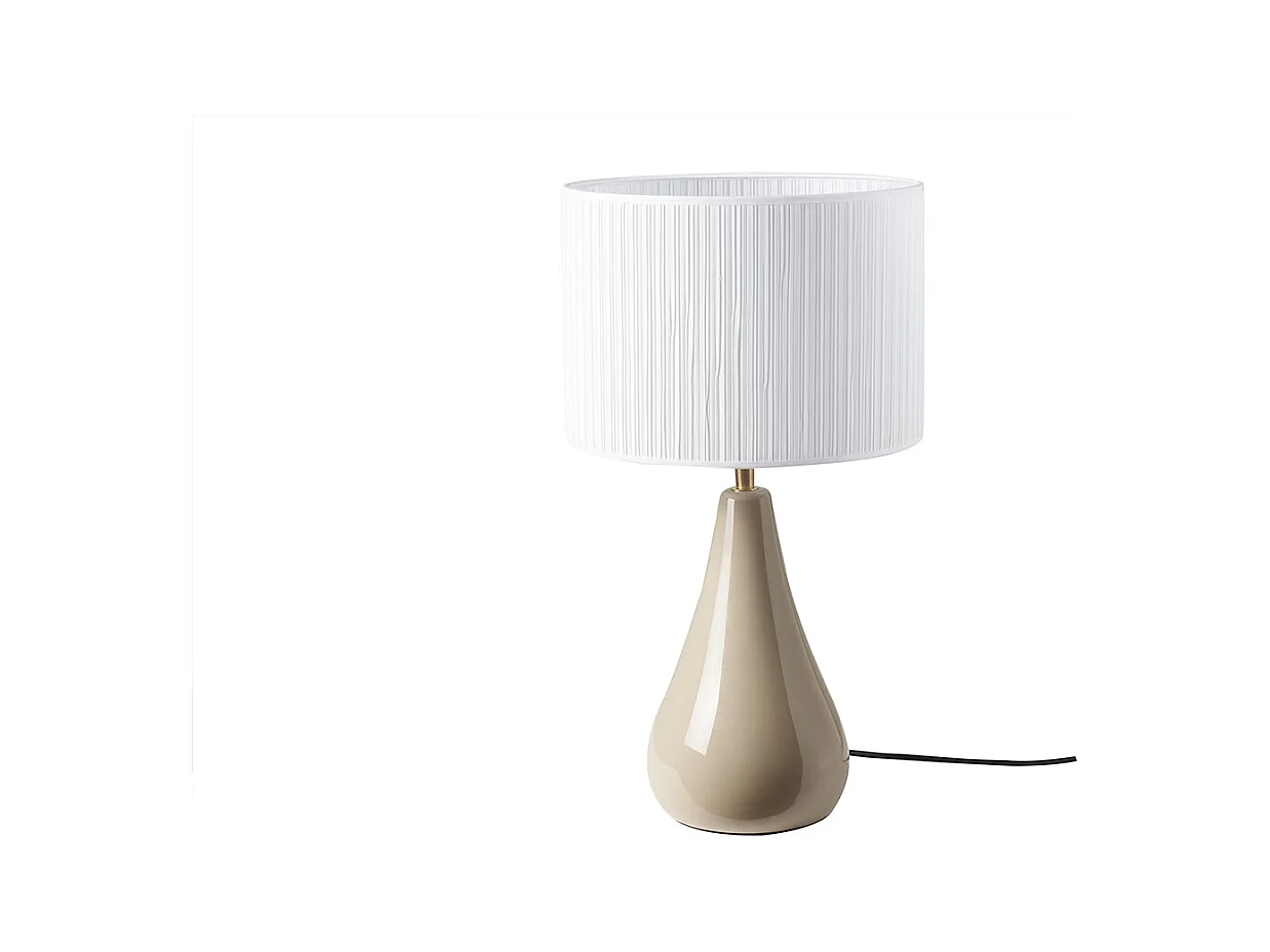 Lampe à poser taupe en céramique brillante et abat-jour en tissu plissé blanc H49 cm TROIA