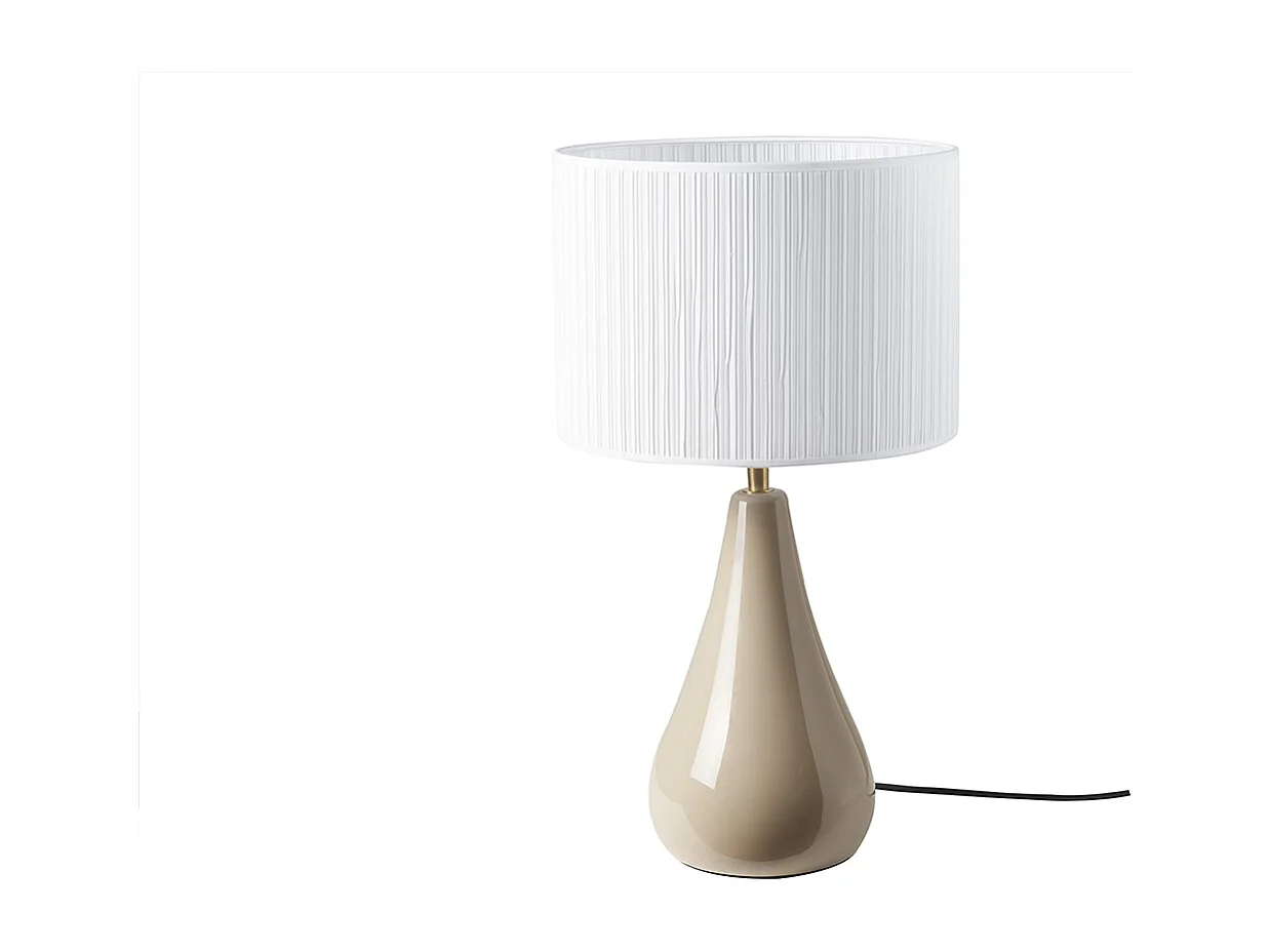 Lampada da tavolo color talpa in ceramica lucida e paralume in tessuto plissettato bianco H49 cm TROVA