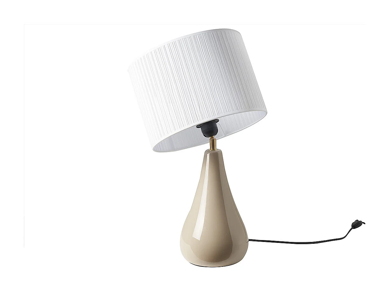 Lampada da tavolo color talpa in ceramica lucida e paralume in tessuto plissettato bianco H49 cm TROVA