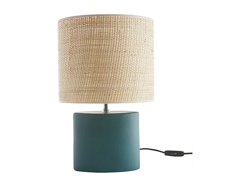 Lampe à poser en céramique bleu pétrole mat et abat-jour en raphia naturel H40 cm TIGA