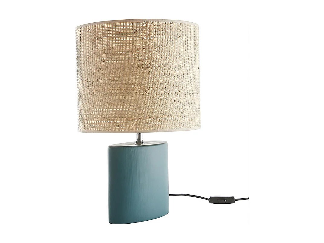 Lámpara de mesa de cerámica azul petróleo mate con pantalla de rafia natural 40 cm TIGA