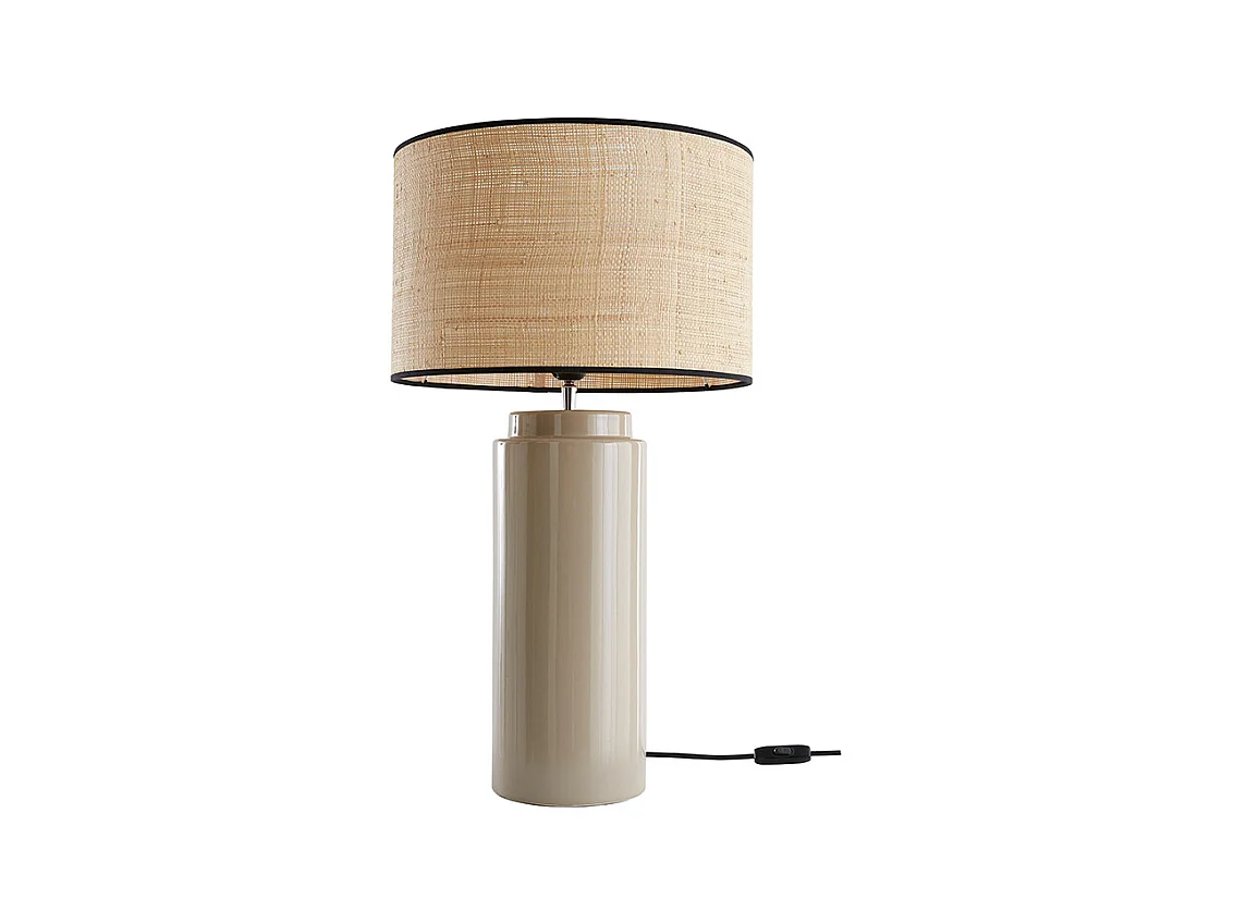 Lampe à poser en céramique émaillée taupe et abat-jour en raphia naturel H64 cm MAJES