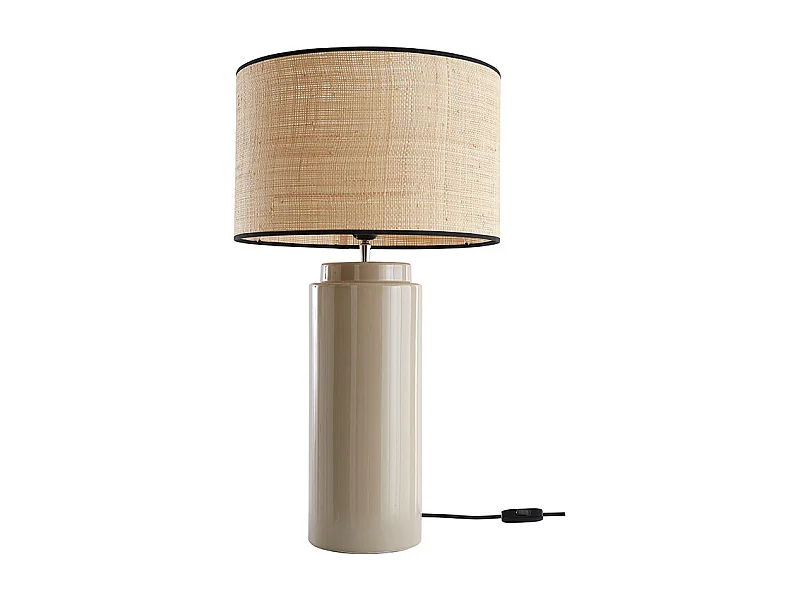 Lampe à poser en céramique émaillée taupe et abat-jour en raphia naturel H64 cm MAJES