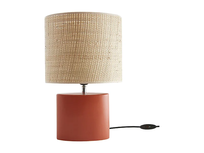 Lampe à poser en céramique terracotta mat et abat-jour en raphia naturel H40 cm TIGA