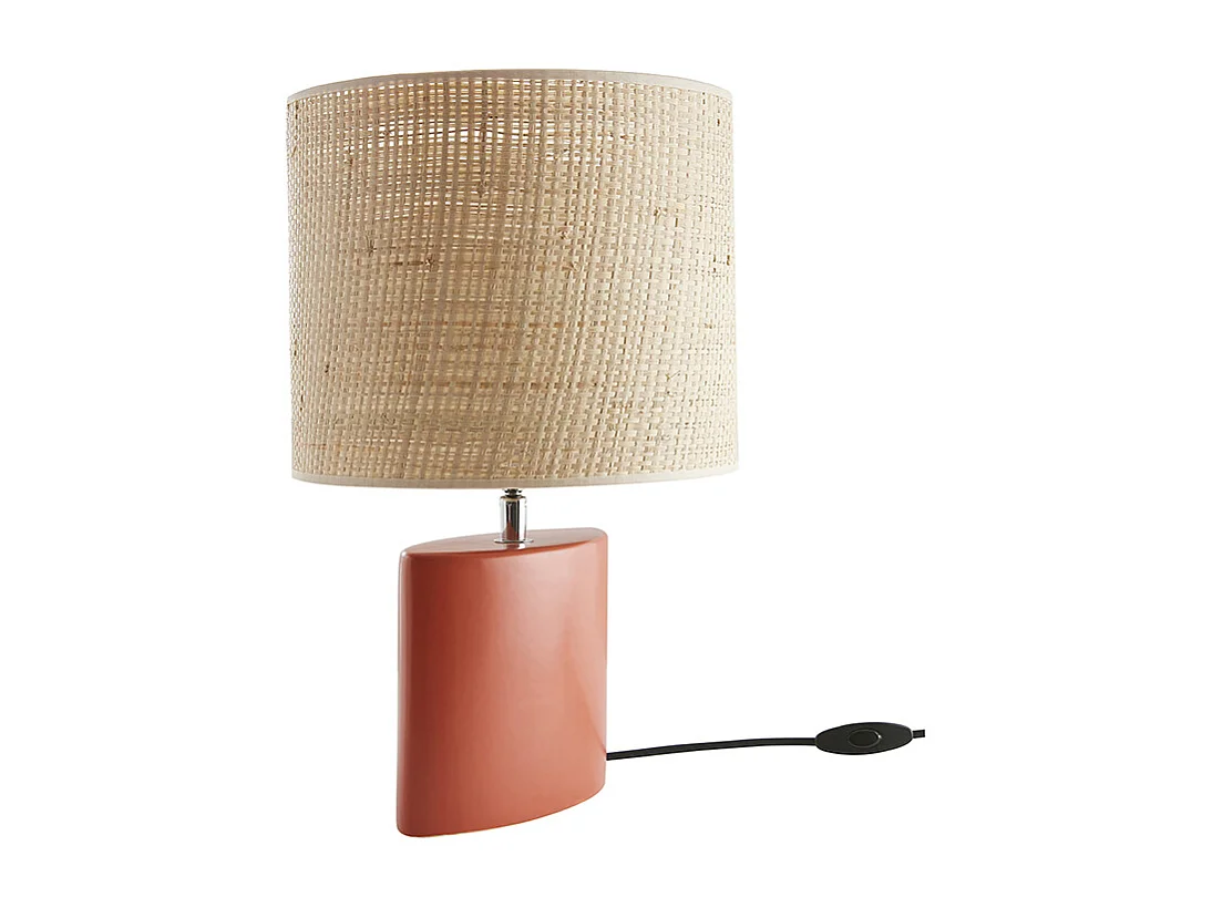Tischleuchte aus Keramik in Terracotta mit Lampenschirm aus naturfarbenem Bast H40 cm TIGA