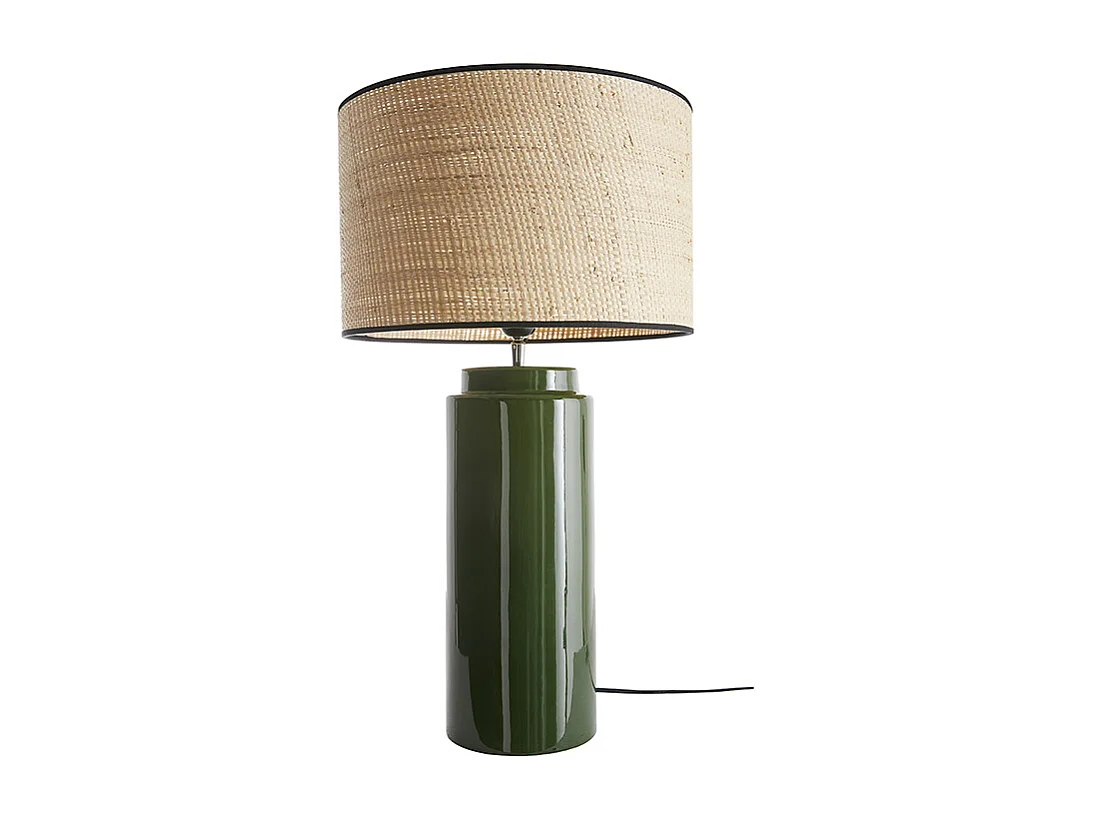 Lampe à poser en céramique émaillée verte et abat-jour en raphia naturel H64 cm MAJES