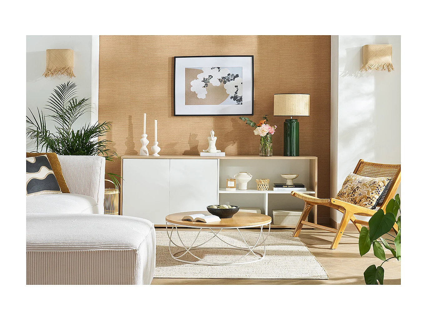 Lampe à poser en céramique émaillée verte et abat-jour en raphia naturel H64 cm MAJES