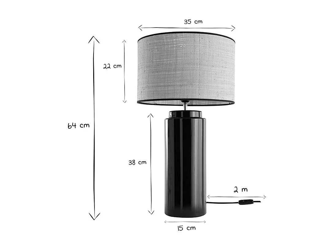 Lámpara de mesa de cerámica esmaltada negra con pantalla de rafia BERRO