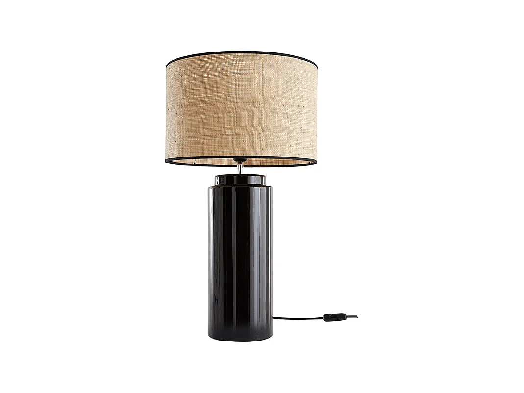 Lampe à poser en céramique émaillée noire et abat-jour en raphia naturel H64 cm MAJES