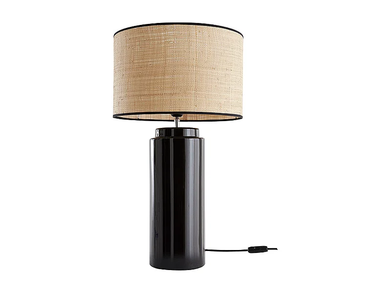 Lampe à poser en céramique émaillée noire et abat-jour en raphia naturel H64 cm MAJES