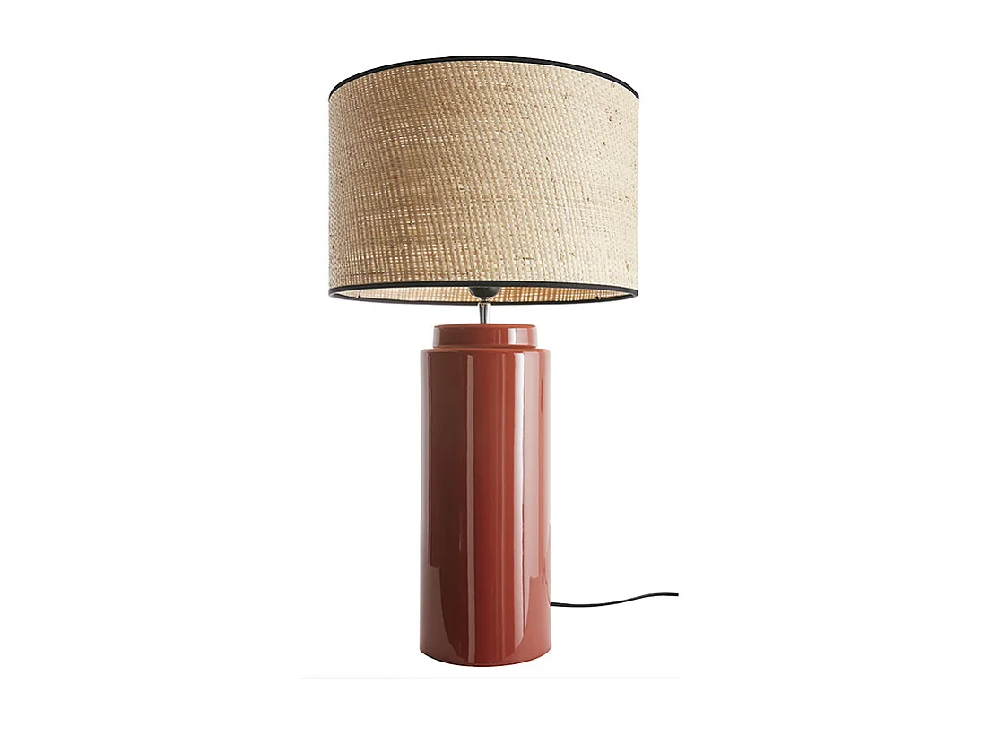 Lampe à poser en céramique émaillée terracotta et abat-jour en raphia naturel H64 cm MAJES