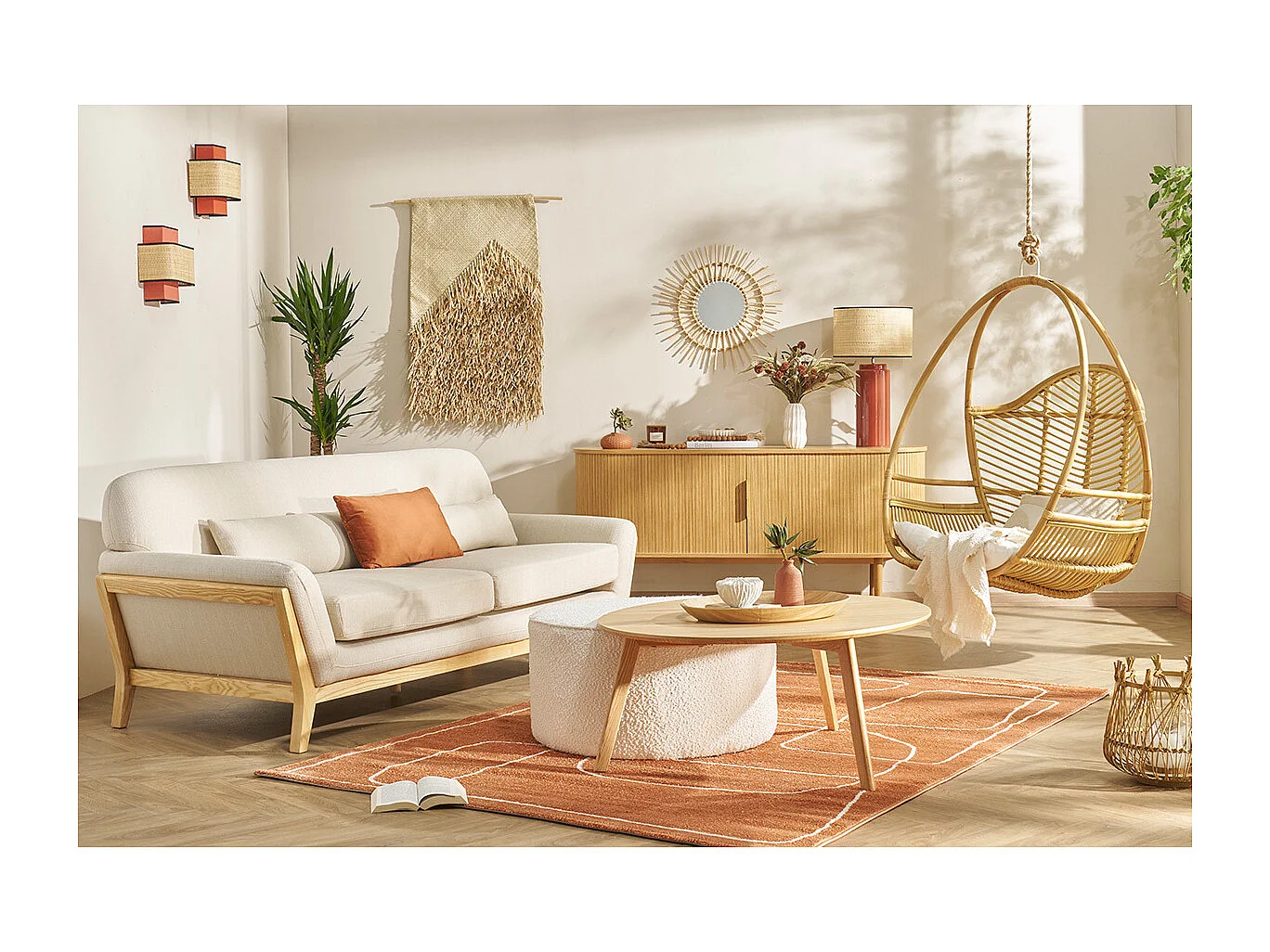 Lampe à poser en céramique émaillée terracotta et abat-jour en raphia naturel H64 cm MAJES