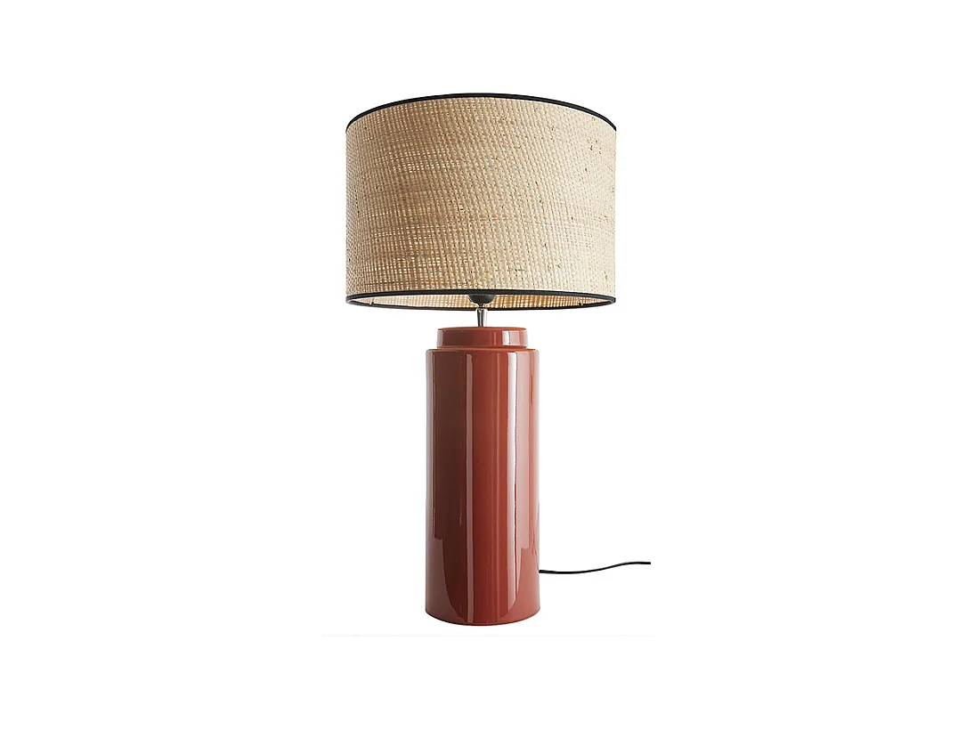 Lampe à poser en céramique émaillée terracotta et abat-jour en raphia naturel H64 cm MAJES
