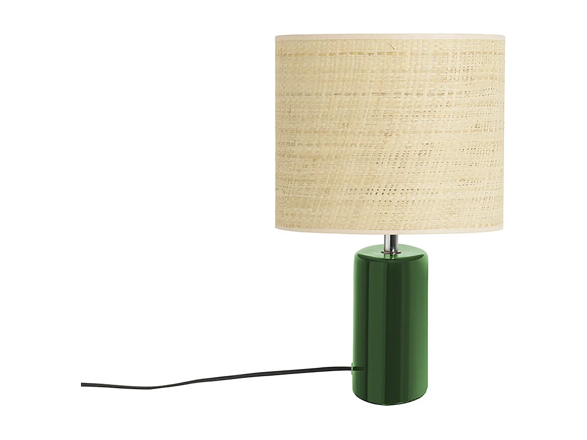 Lampe à poser en céramique vert foncé et abat-jour en raphia naturel H40 cm TIGA