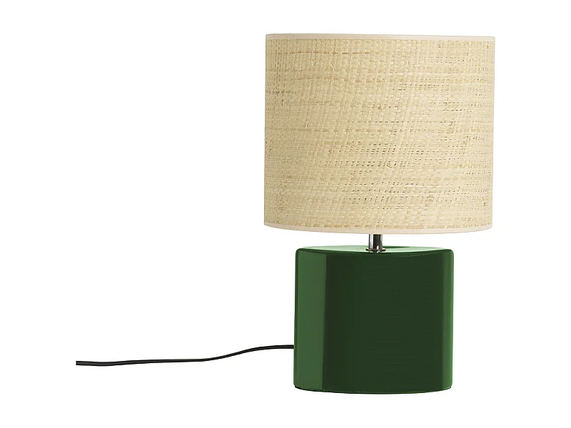 Lampe à poser en céramique vert foncé et abat-jour en raphia naturel H40 cm TIGA